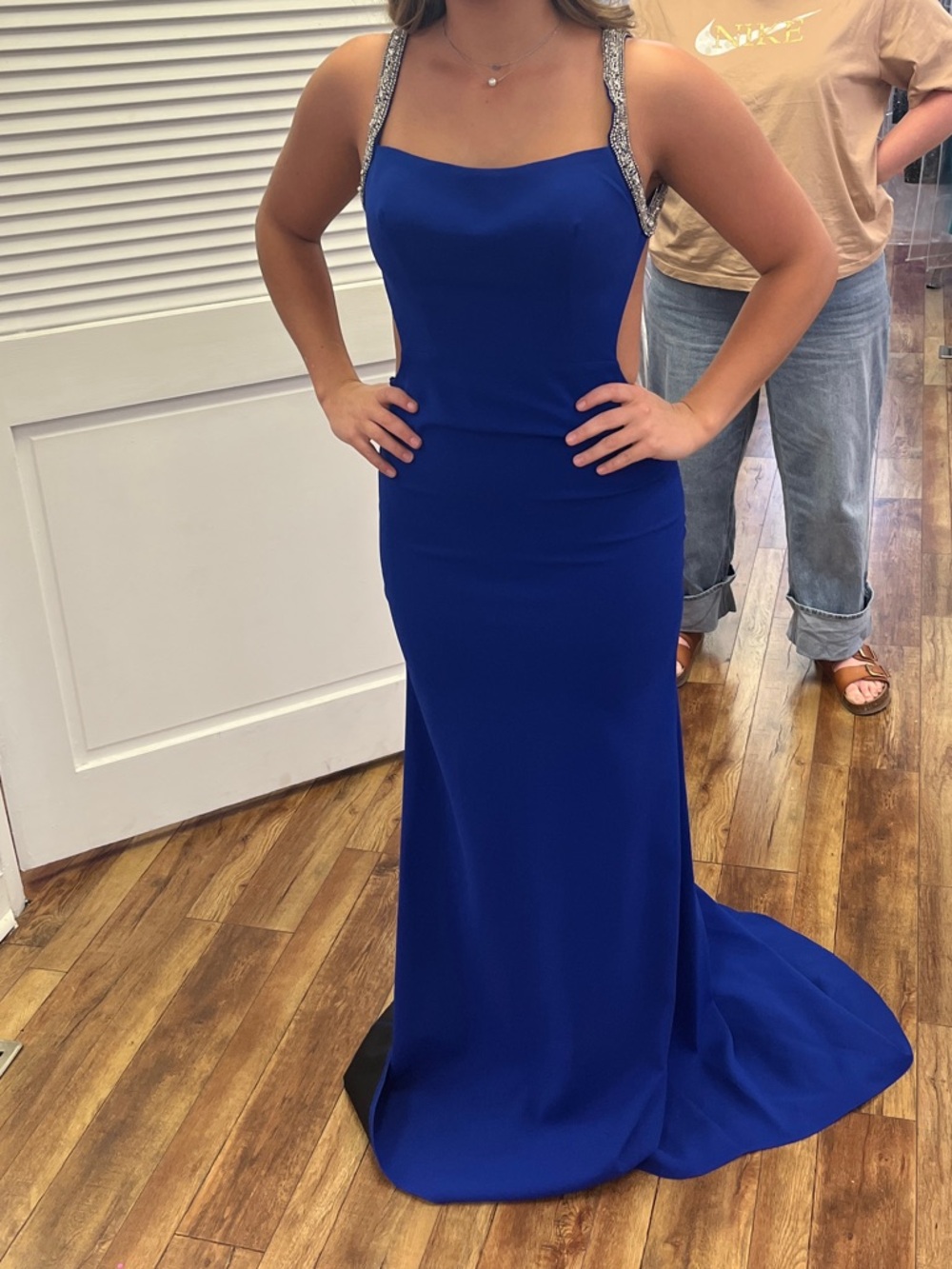 Tarik Ediz Royal Blue Evening Gown with Embellished Straps